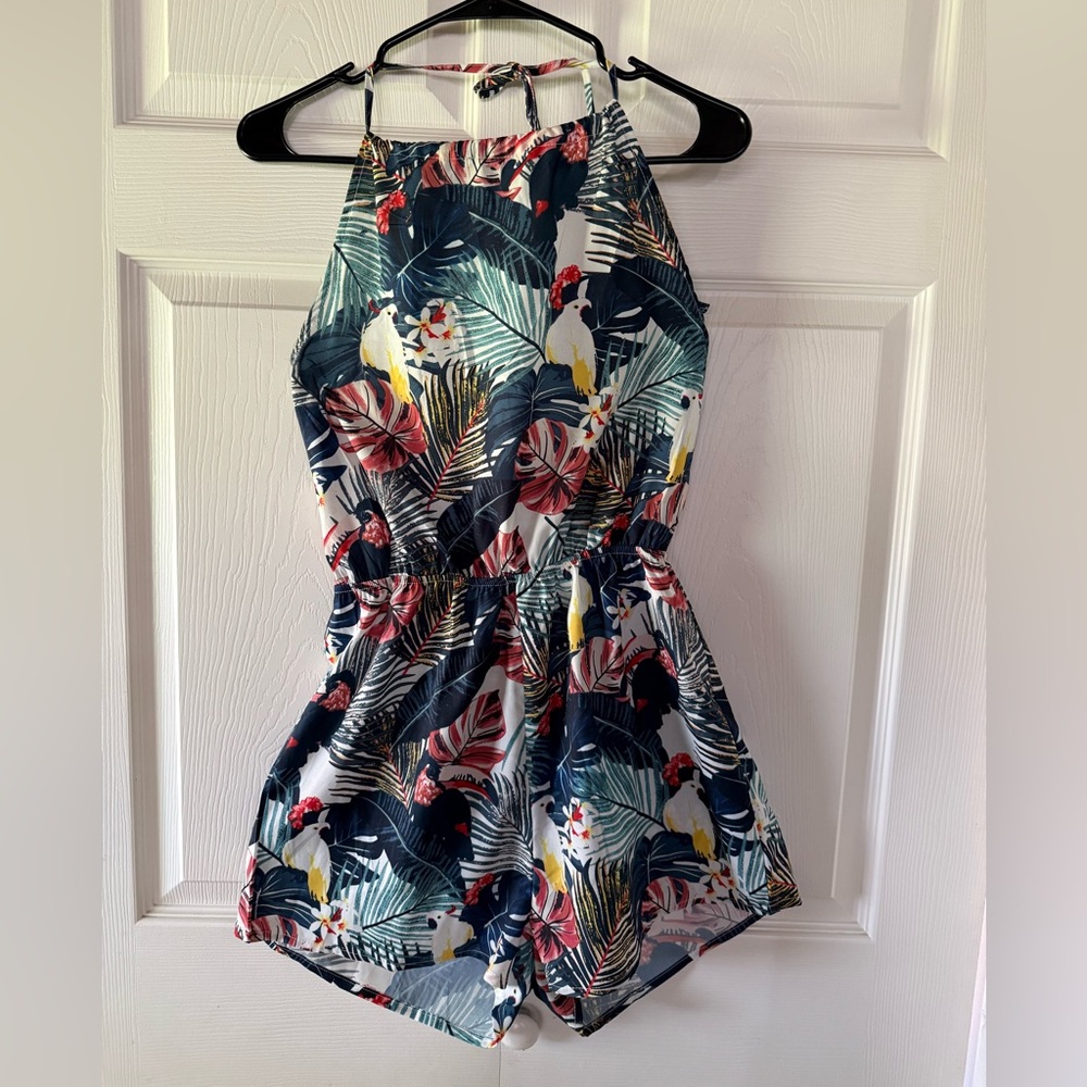 SHEIN Tropical Print Romper in Navy, Green, Pink, Yellow
